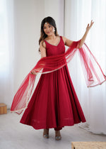 Designer Roman Silk Chanderi Anarkali Suit Set for Women with Pant & Mirror Lace Dupatta | Heavy Flared Party Wear Gown | XS-XXL