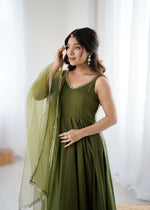 Designer Roman Silk Chanderi Anarkali Suit Set for Women with Pant & Mirror Lace Dupatta | Heavy Flared Party Wear Gown | XS-XXL