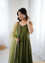 Designer Roman Silk Chanderi Anarkali Suit Set for Women with Pant & Mirror Lace Dupatta | Heavy Flared Party Wear Gown | XS-XXL