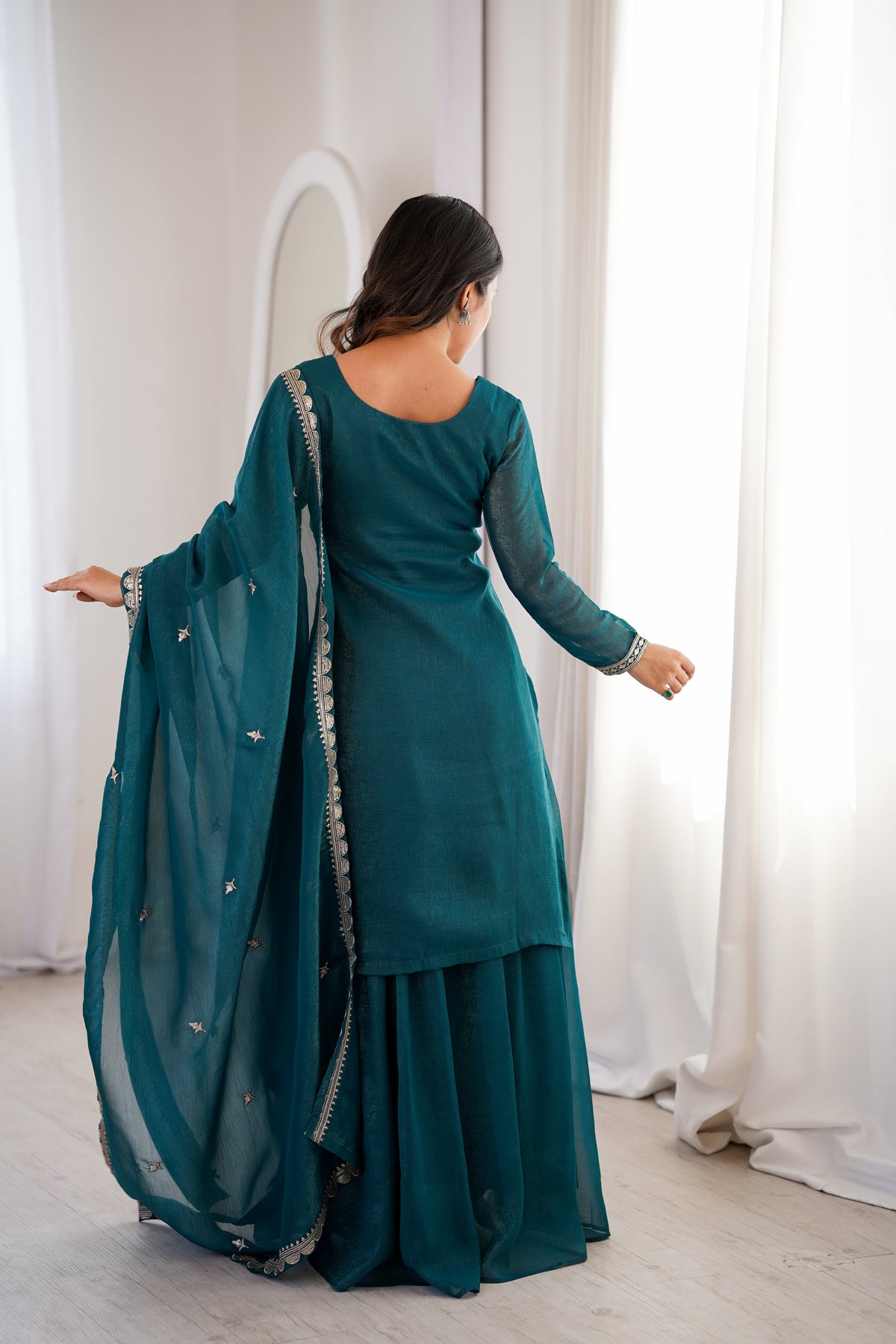 Teal Blue & Dark Rani Heavy Embroidered Crunchy Silk Kurta Sharara Set with Dupatta | Sequence, Thread & Zari Work | Ready to Wear