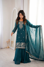Teal Blue & Dark Rani Heavy Embroidered Crunchy Silk Kurta Sharara Set with Dupatta | Sequence, Thread & Zari Work | Ready to Wear