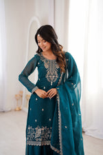 Teal Blue & Dark Rani Heavy Embroidered Crunchy Silk Kurta Sharara Set with Dupatta | Sequence, Thread & Zari Work | Ready to Wear