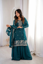 Teal Blue & Dark Rani Heavy Embroidered Crunchy Silk Kurta Sharara Set with Dupatta | Sequence, Thread & Zari Work | Ready to Wear