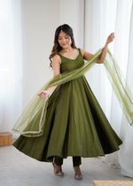 Designer Roman Silk Chanderi Anarkali Suit Set for Women with Pant & Mirror Lace Dupatta | Heavy Flared Party Wear Gown | XS-XXL