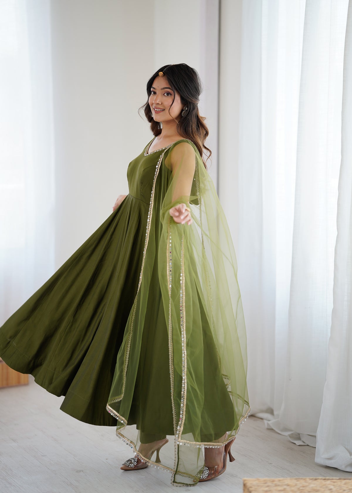 Designer Roman Silk Chanderi Anarkali Suit Set for Women with Pant & Mirror Lace Dupatta | Heavy Flared Party Wear Gown | XS-XXL
