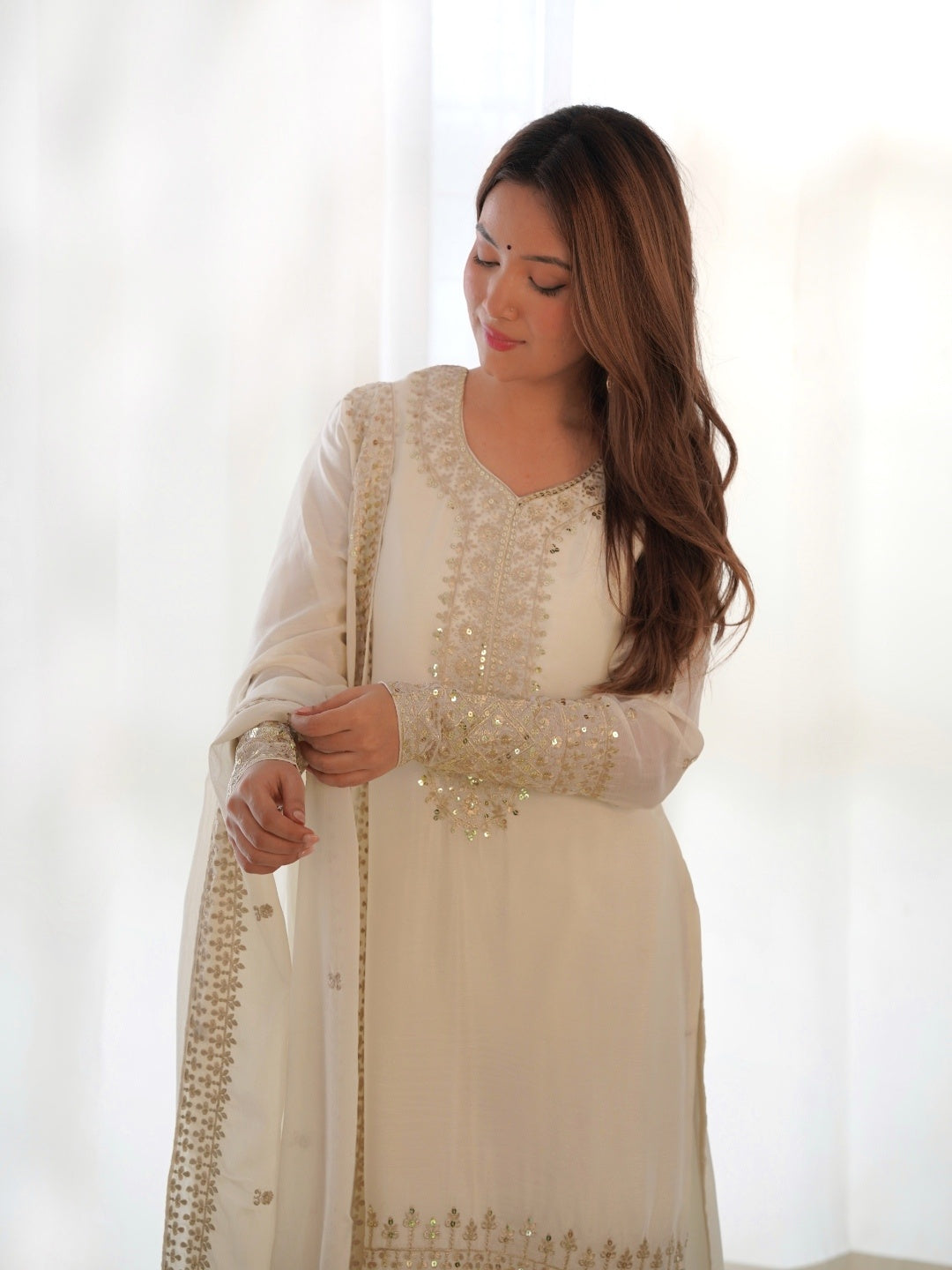 PRESENTING NEW BEAUTIFUL PURE CHINON SILK FABRIC STRAIGHT FIT KURTA WITH DUPPTA SET, TROUSERS, READY TO WEAR