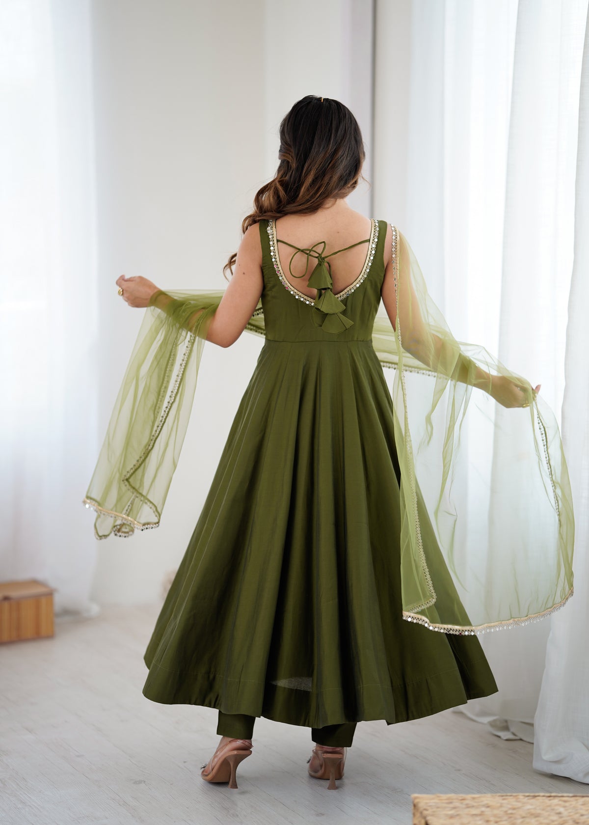 Designer Roman Silk Chanderi Anarkali Suit Set for Women with Pant & Mirror Lace Dupatta | Heavy Flared Party Wear Gown | XS-XXL