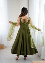 Designer Roman Silk Chanderi Anarkali Suit Set for Women with Pant & Mirror Lace Dupatta | Heavy Flared Party Wear Gown | XS-XXL
