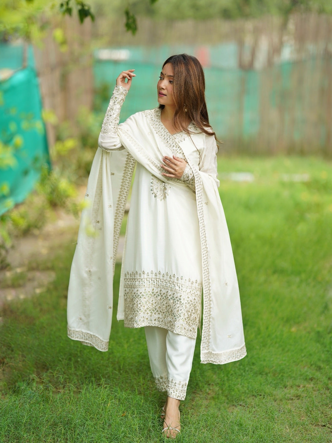 PRESENTING NEW BEAUTIFUL PURE CHINON SILK FABRIC STRAIGHT FIT KURTA WITH DUPPTA SET, TROUSERS, READY TO WEAR