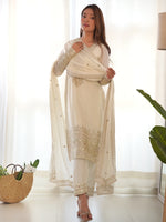 PRESENTING NEW BEAUTIFUL PURE CHINON SILK FABRIC STRAIGHT FIT KURTA WITH DUPPTA SET, TROUSERS, READY TO WEAR