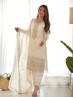 PRESENTING NEW BEAUTIFUL PURE CHINON SILK FABRIC STRAIGHT FIT KURTA WITH DUPPTA SET, TROUSERS, READY TO WEAR