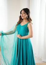 Designer Roman Silk Chanderi Anarkali Suit Set for Women with Pant & Mirror Lace Dupatta | Heavy Flared Party Wear Gown | XS-XXL
