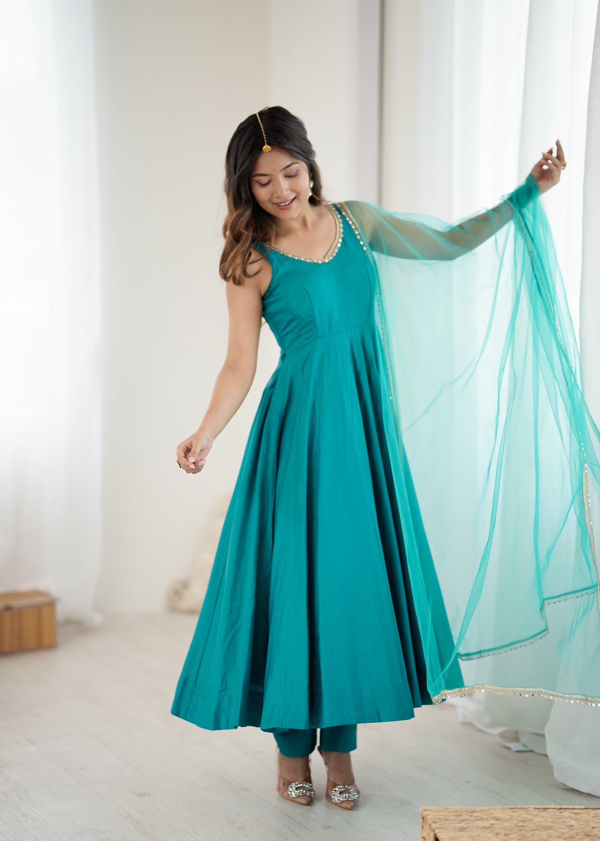 Designer Roman Silk Chanderi Anarkali Suit Set for Women with Pant & Mirror Lace Dupatta | Heavy Flared Party Wear Gown | XS-XXL