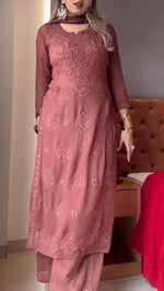 Women's Premium Embroidered Faux Georgette Kurta Set with Palazzo & Diamond Handwork Dupatta | Fully Stitched