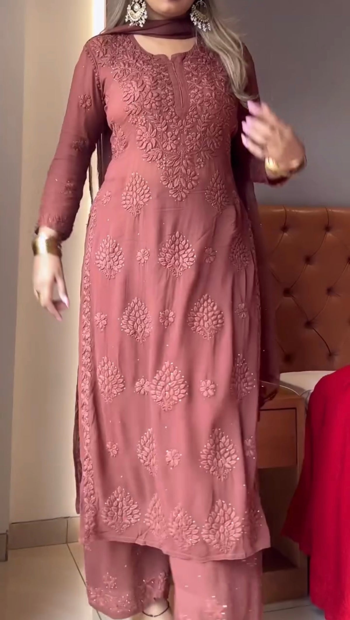 Women's Premium Embroidered Faux Georgette Kurta Set with Palazzo & Diamond Handwork Dupatta | Fully Stitched