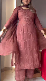 Women's Premium Embroidered Faux Georgette Kurta Set with Palazzo & Diamond Handwork Dupatta | Fully Stitched