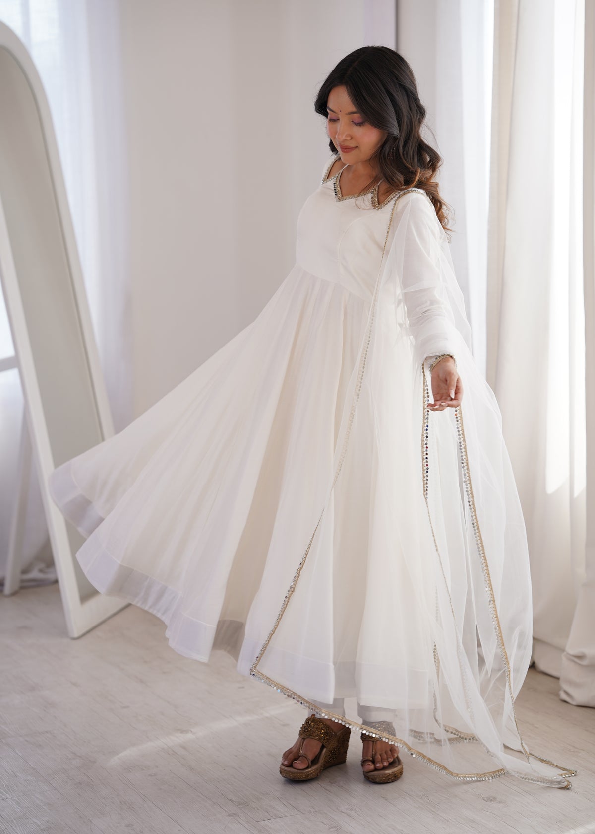 PURE ROMANSILK CHANDERI FABRIC FULLY FLARE ANARKALI, WITH DUPPTA SET,PENT READY TO WEAR