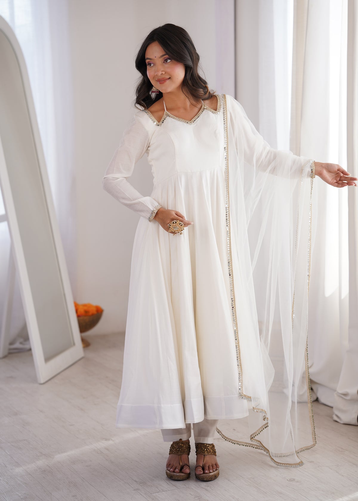 PURE ROMANSILK CHANDERI FABRIC FULLY FLARE ANARKALI, WITH DUPPTA SET,PENT READY TO WEAR