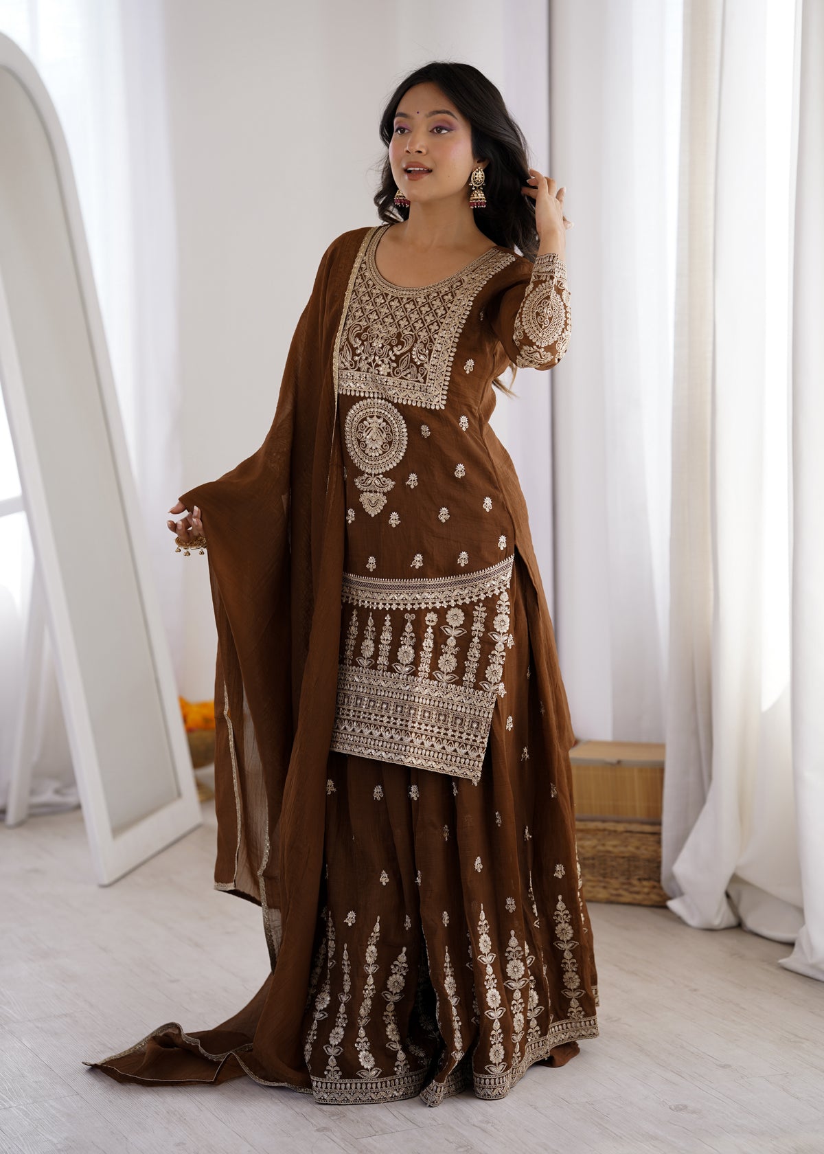 PURE SOFT CRUNCHY SILK FABRIC TOP, SHARARA WITH DUPATTA SET READY TO WEAR