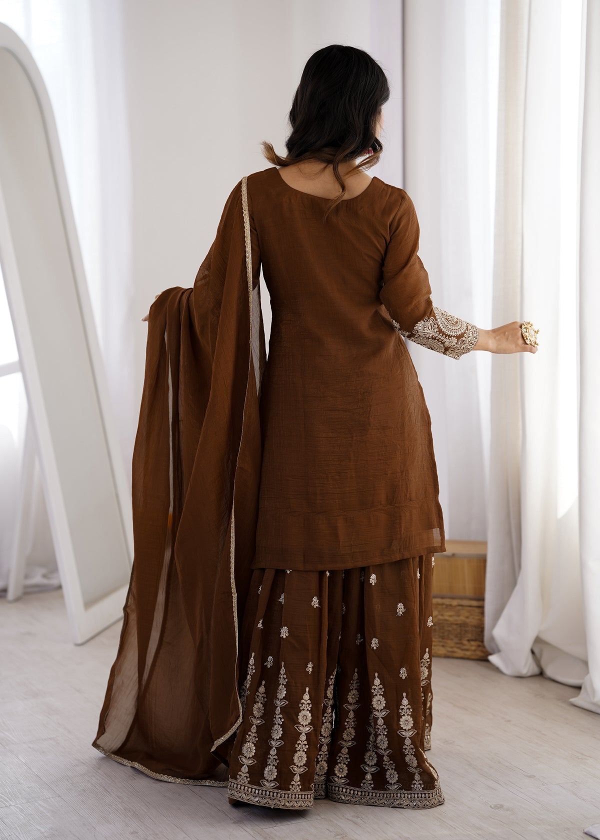 PURE SOFT CRUNCHY SILK FABRIC TOP, SHARARA WITH DUPATTA SET READY TO WEAR