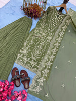 Women's Premium Embroidered Faux Georgette Kurta Set with Crush Palazzo & Embroidered Dupatta | Fully Stitched