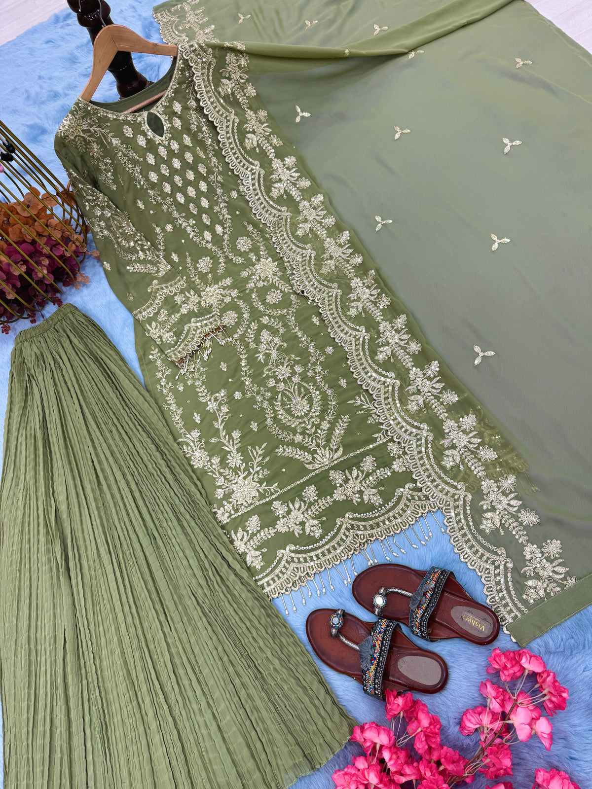 Women's Premium Embroidered Faux Georgette Kurta Set with Crush Palazzo & Embroidered Dupatta | Fully Stitched