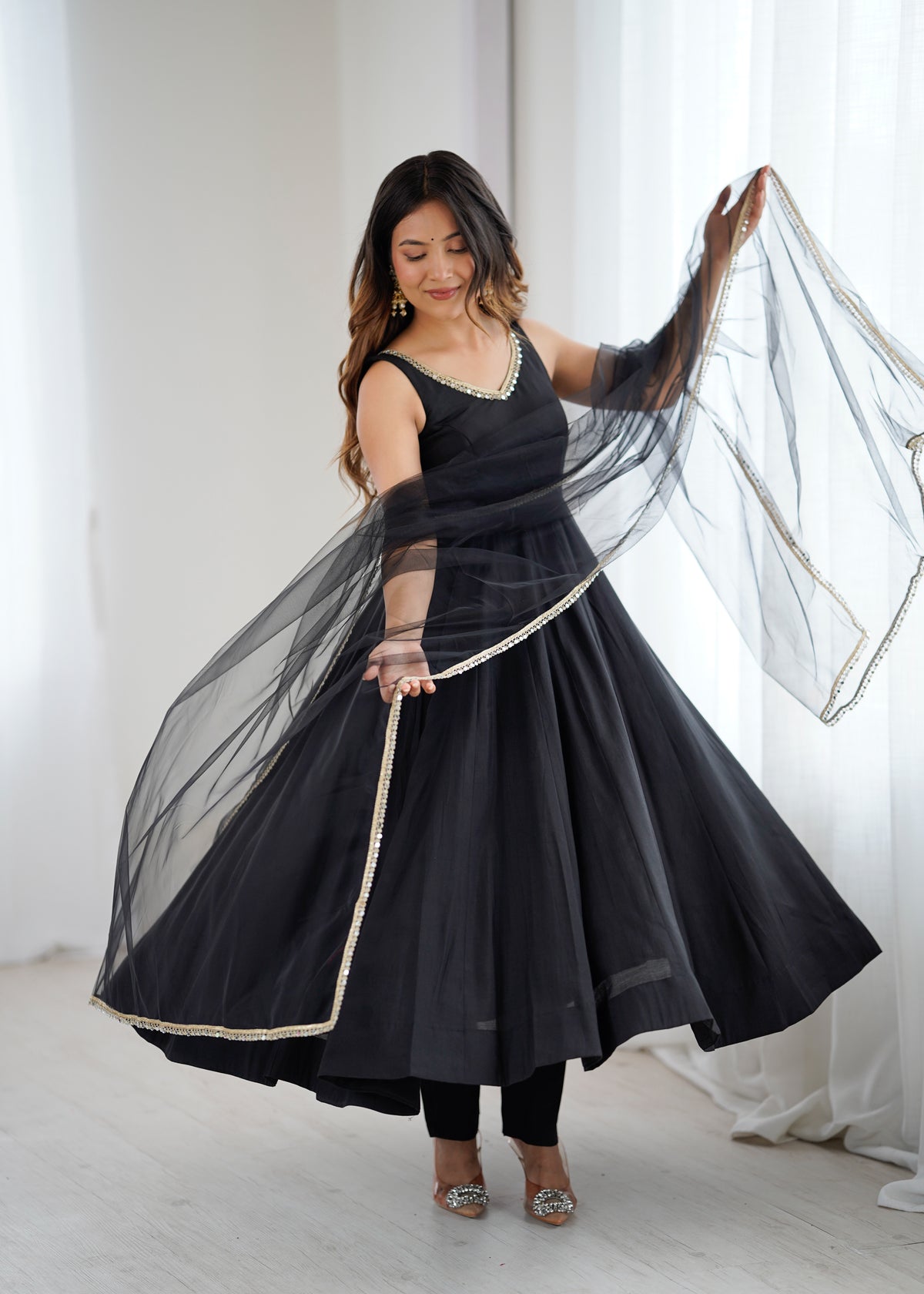 Designer Roman Silk Chanderi Anarkali Suit Set for Women with Pant & Mirror Lace Dupatta | Heavy Flared Party Wear Gown | XS-XXL