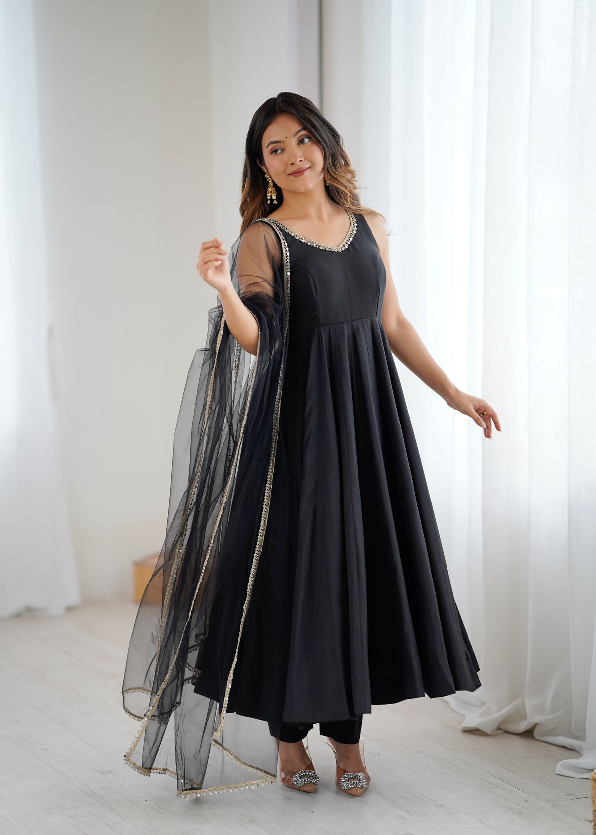 Designer Roman Silk Chanderi Anarkali Suit Set for Women with Pant & Mirror Lace Dupatta | Heavy Flared Party Wear Gown | XS-XXL
