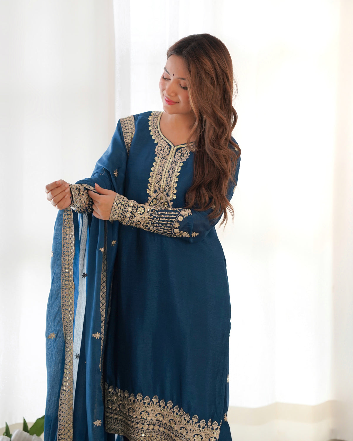 PURE CHINON SILK FABRIC STRAIGHT FIT KURTA WITH DUPPTA SET, TROUSERS, READY TO WEAR
