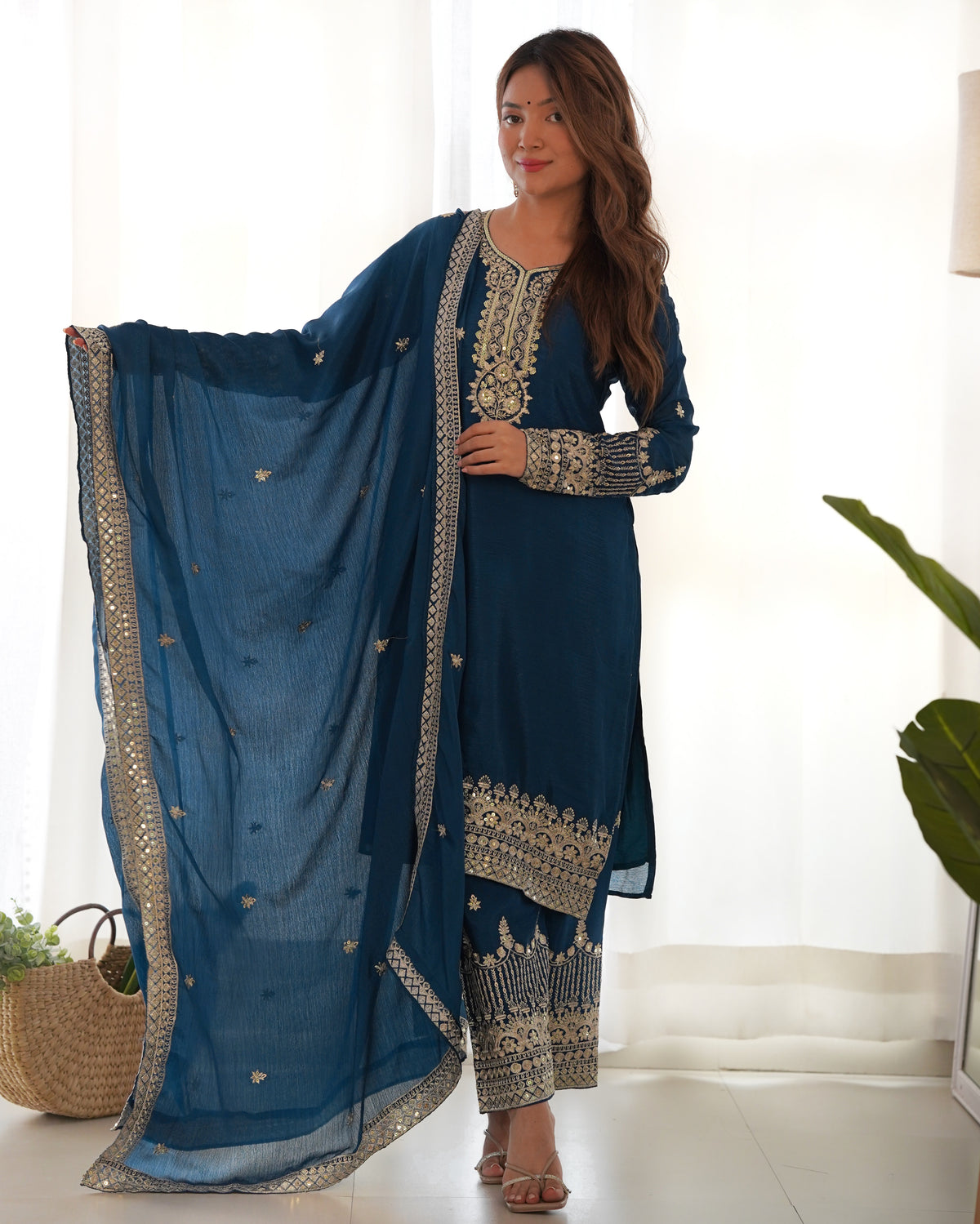 PURE CHINON SILK FABRIC STRAIGHT FIT KURTA WITH DUPPTA SET, TROUSERS, READY TO WEAR