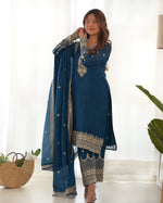 PURE CHINON SILK FABRIC STRAIGHT FIT KURTA WITH DUPPTA SET, TROUSERS, READY TO WEAR