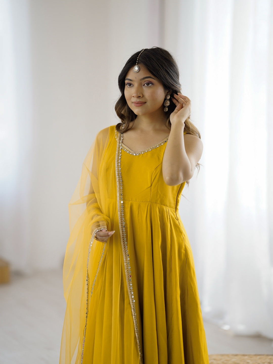 Designer Roman Silk Chanderi Anarkali Suit Set for Women with Pant & Mirror Lace Dupatta | Heavy Flared Party Wear Gown | XS-XXL