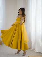 Designer Roman Silk Chanderi Anarkali Suit Set for Women with Pant & Mirror Lace Dupatta | Heavy Flared Party Wear Gown | XS-XXL