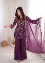 CRUNCHY SILK FABRIC WITH EMBROIDERY SEQUENCE AND JARI WORK, TOP WITH DUPPTA SET, BELL BOTTOM PENT READY TO WEAR