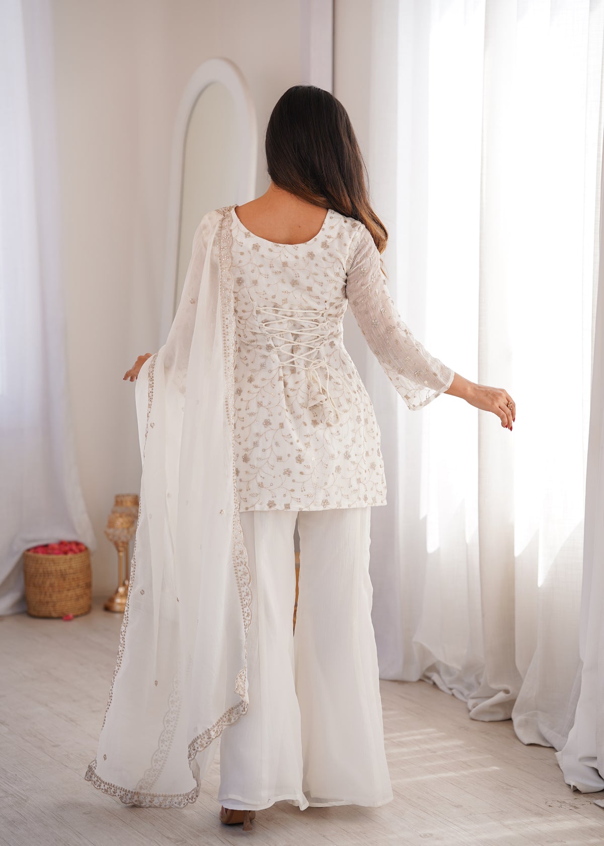 CRUNCHY SILK FABRIC WITH EMBROIDERY SEQUENCE AND JARI WORK, TOP WITH DUPPTA SET, BELL BOTTOM PENT READY TO WEAR