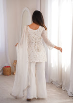 CRUNCHY SILK FABRIC WITH EMBROIDERY SEQUENCE AND JARI WORK, TOP WITH DUPPTA SET, BELL BOTTOM PENT READY TO WEAR