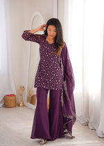 CRUNCHY SILK FABRIC WITH EMBROIDERY SEQUENCE AND JARI WORK, TOP WITH DUPPTA SET, BELL BOTTOM PENT READY TO WEAR