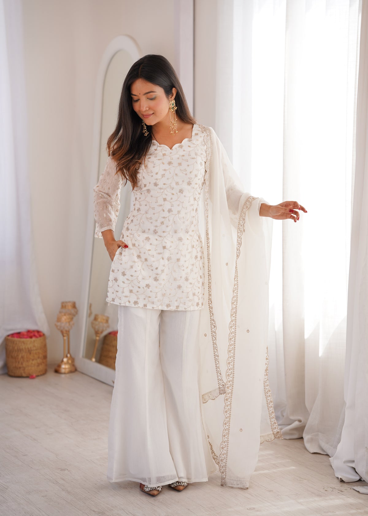 CRUNCHY SILK FABRIC WITH EMBROIDERY SEQUENCE AND JARI WORK, TOP WITH DUPPTA SET, BELL BOTTOM PENT READY TO WEAR