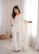 CRUNCHY SILK FABRIC WITH EMBROIDERY SEQUENCE AND JARI WORK, TOP WITH DUPPTA SET, BELL BOTTOM PENT READY TO WEAR