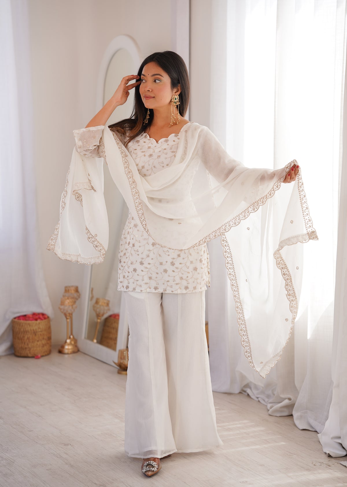 CRUNCHY SILK FABRIC WITH EMBROIDERY SEQUENCE AND JARI WORK, TOP WITH DUPPTA SET, BELL BOTTOM PENT READY TO WEAR