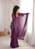 CRUNCHY SILK FABRIC WITH EMBROIDERY SEQUENCE AND JARI WORK, TOP WITH DUPPTA SET, BELL BOTTOM PENT READY TO WEAR