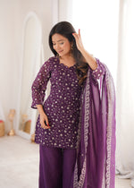 CRUNCHY SILK FABRIC WITH EMBROIDERY SEQUENCE AND JARI WORK, TOP WITH DUPPTA SET, BELL BOTTOM PENT READY TO WEAR