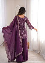 CRUNCHY SILK FABRIC WITH EMBROIDERY SEQUENCE AND JARI WORK, TOP WITH DUPPTA SET, BELL BOTTOM PENT READY TO WEAR