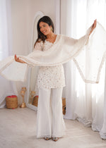 CRUNCHY SILK FABRIC WITH EMBROIDERY SEQUENCE AND JARI WORK, TOP WITH DUPPTA SET, BELL BOTTOM PENT READY TO WEAR