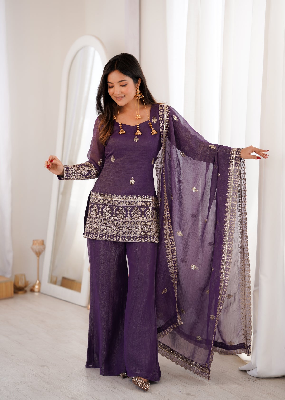 CRUNCHY SILK FABRIC WITH EMBROIDERY SEQUENCE AND JARI WORK, TOP WITH DUPPTA SET, BELL BOTTOM PENT READY TO WEAR