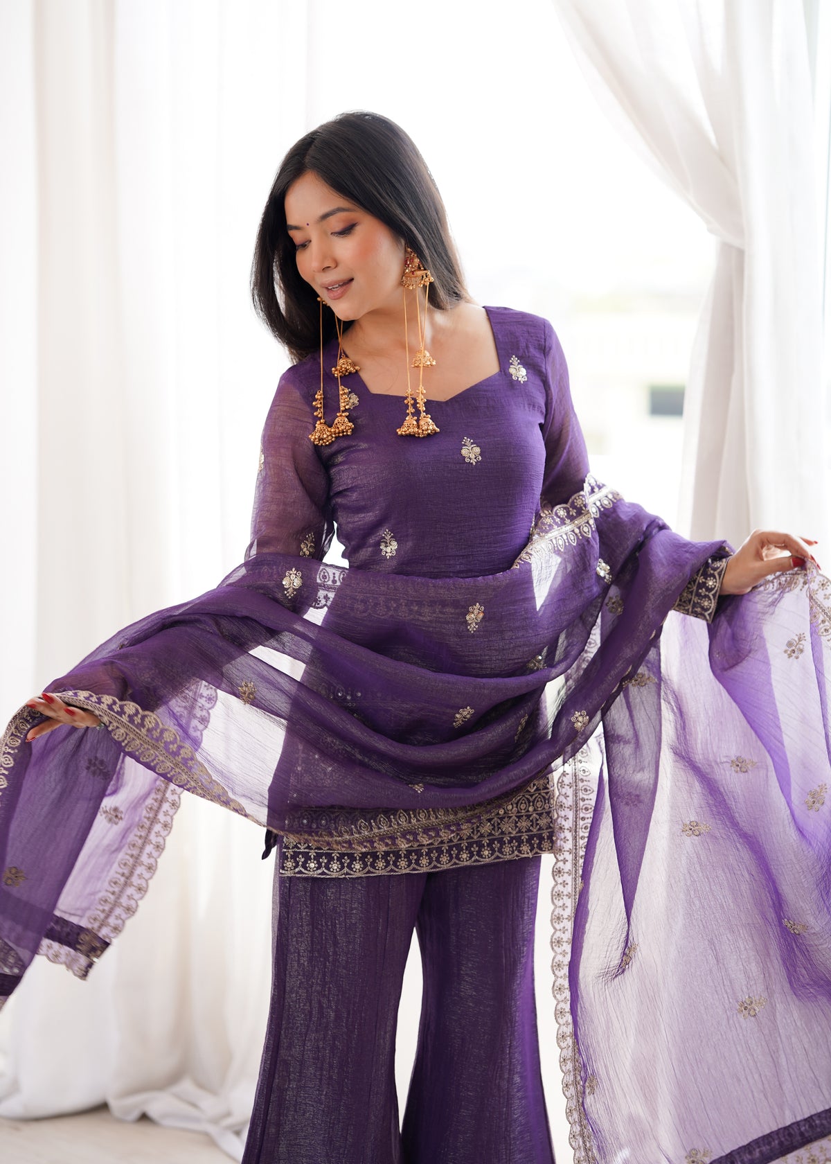 CRUNCHY SILK FABRIC WITH EMBROIDERY SEQUENCE AND JARI WORK, TOP WITH DUPPTA SET, BELL BOTTOM PENT READY TO WEAR