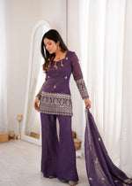 CRUNCHY SILK FABRIC WITH EMBROIDERY SEQUENCE AND JARI WORK, TOP WITH DUPPTA SET, BELL BOTTOM PENT READY TO WEAR