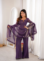 CRUNCHY SILK FABRIC WITH EMBROIDERY SEQUENCE AND JARI WORK, TOP WITH DUPPTA SET, BELL BOTTOM PENT READY TO WEAR