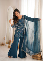 CRUNCHY SILK FABRIC WITH EMBROIDERY SEQUENCE AND JARI WORK, TOP WITH DUPPTA SET, BELL BOTTOM PENT READY TO WEAR