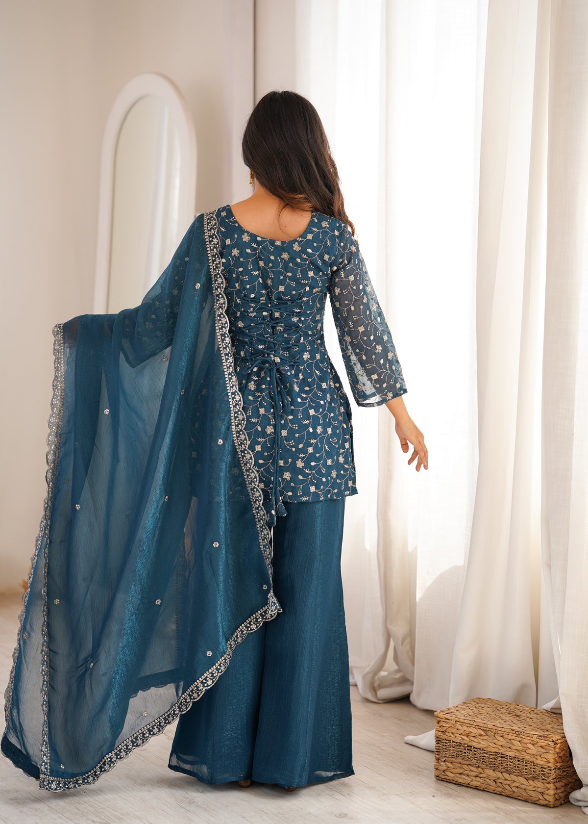CRUNCHY SILK FABRIC WITH EMBROIDERY SEQUENCE AND JARI WORK, TOP WITH DUPPTA SET, BELL BOTTOM PENT READY TO WEAR